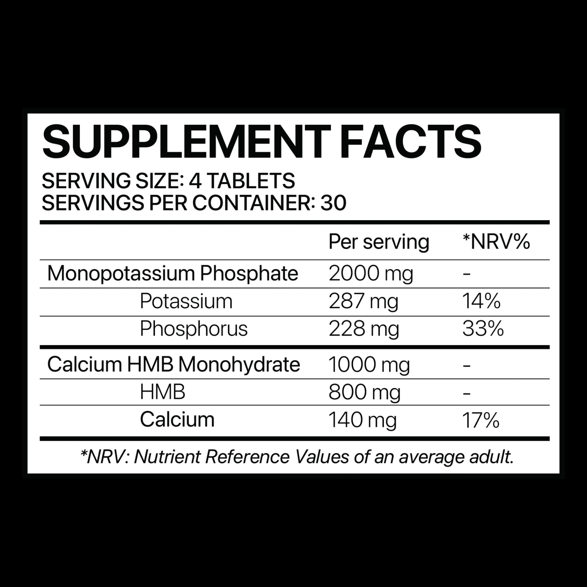 HMB – 120 Tablets supplement facts label