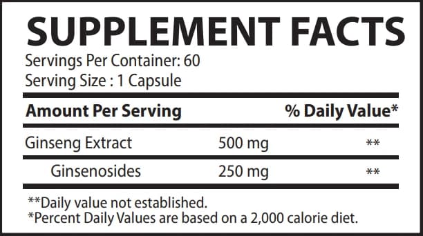 Panax Ginseng 500mg supplement facts label