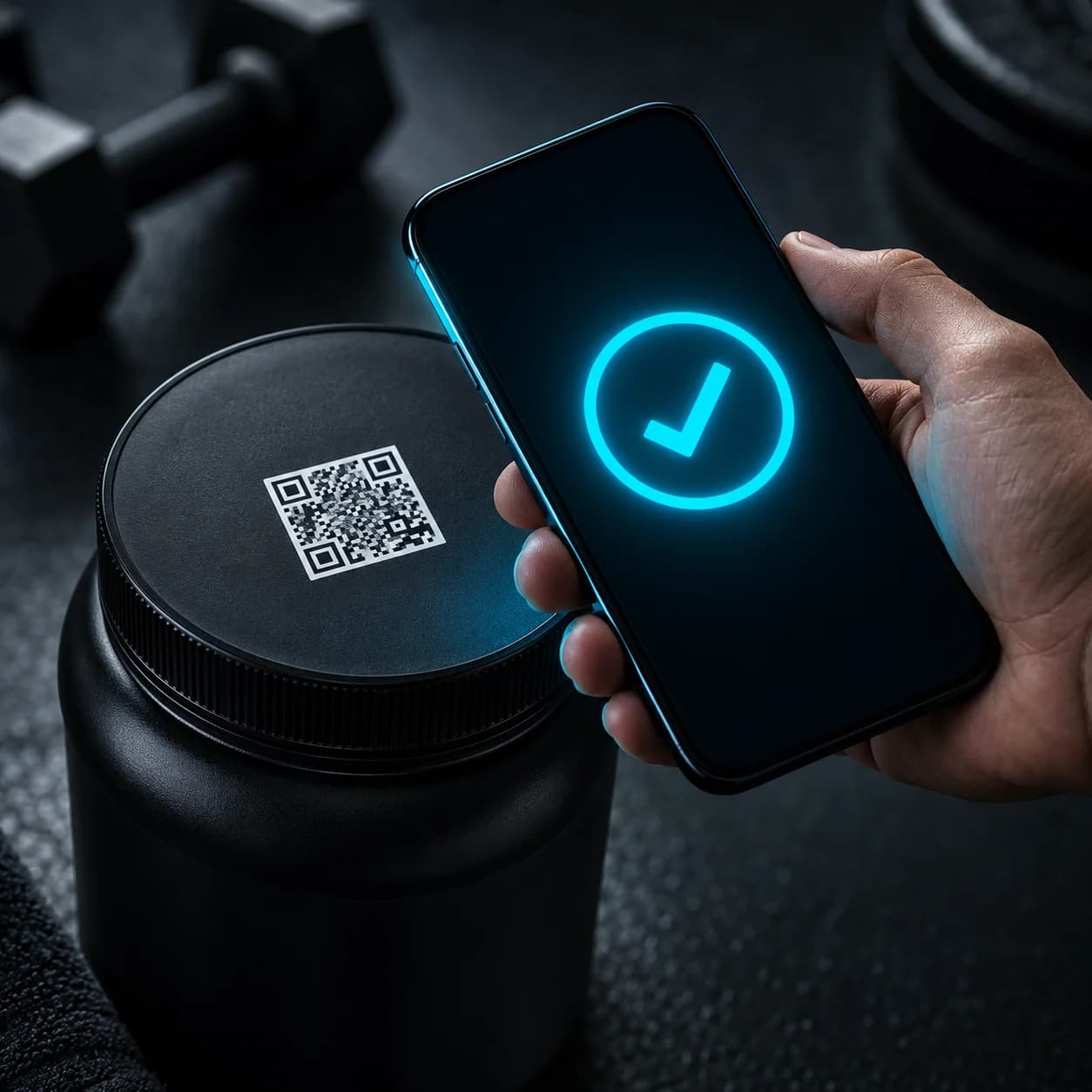 A phone scanning the QR code on a supplement tub lid and showing a check mark