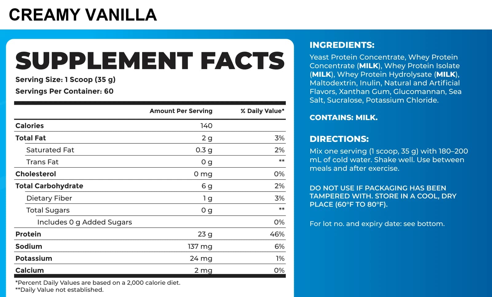 Fusion Protein – 60 Servings (2.1 kg) supplement facts label, part 1