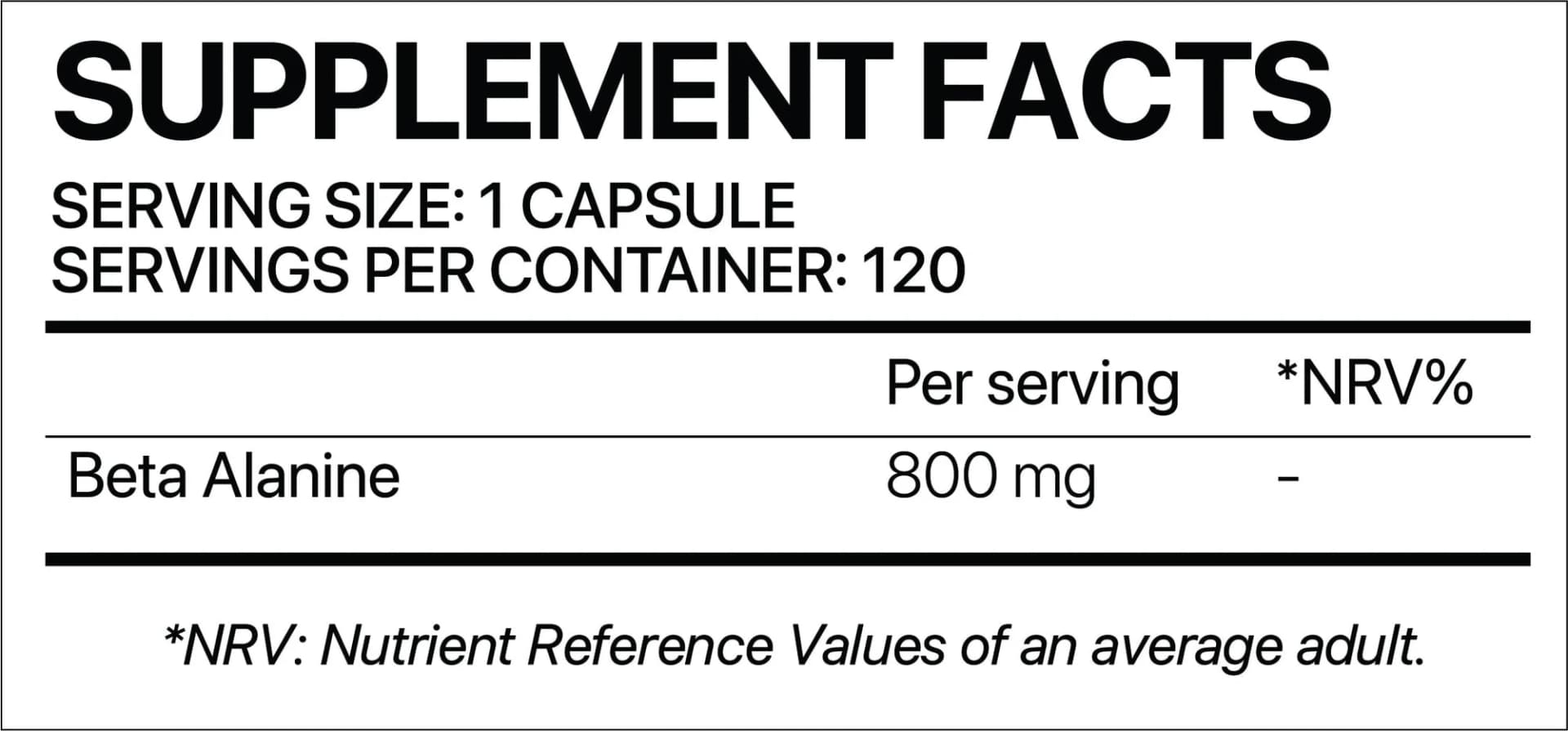 Beta Alanine 120 Capsule supplement facts label
