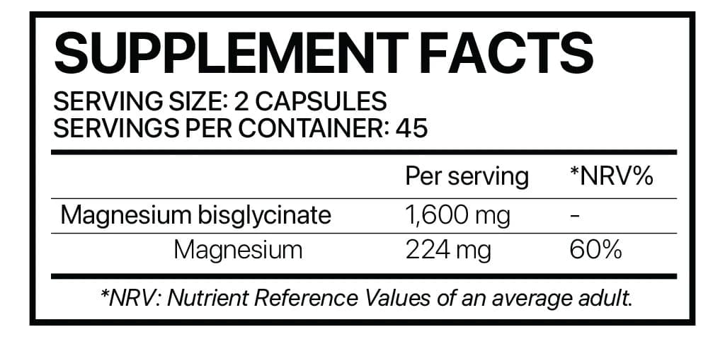 Magnesium Bisglycinate 90 Capsule supplement facts label