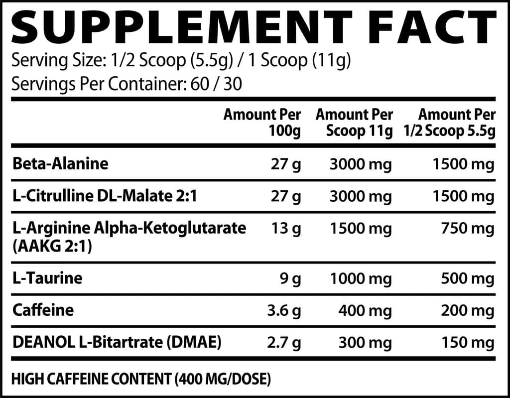 Pre Rulz Pre Workout 30SV supplement facts label