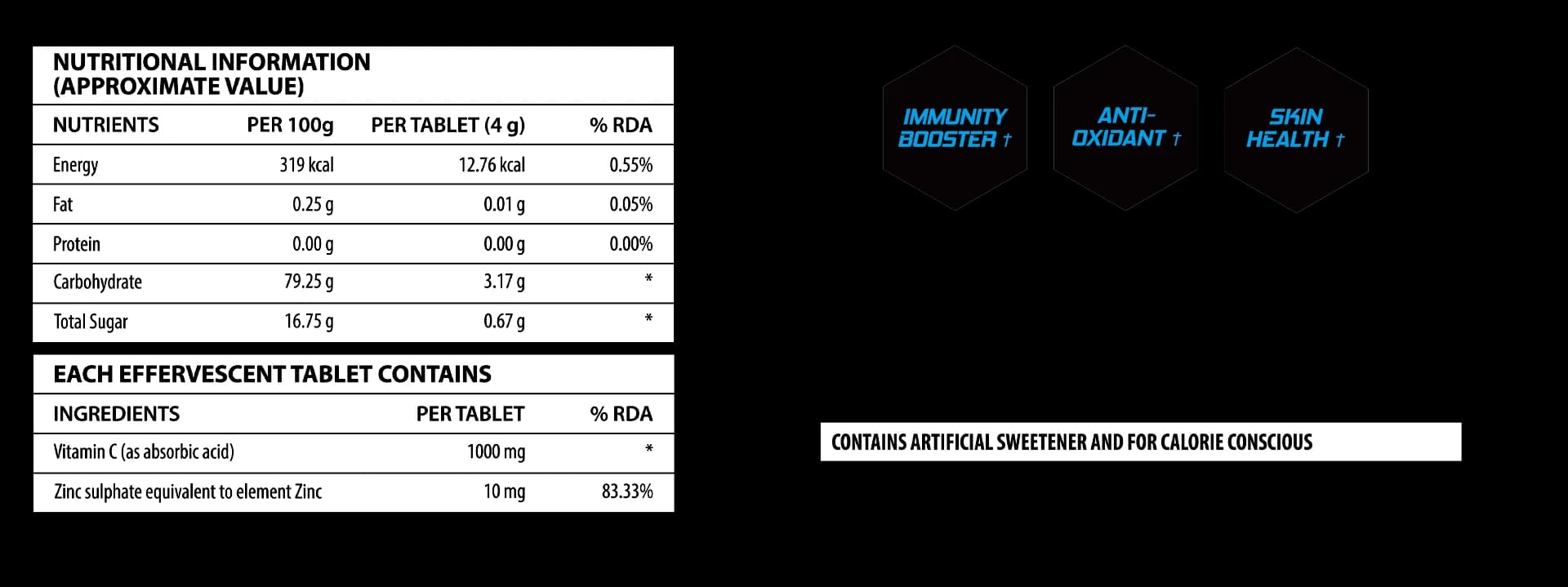 Vitamin-C 1000mg+Zinc Effervescent supplement facts label